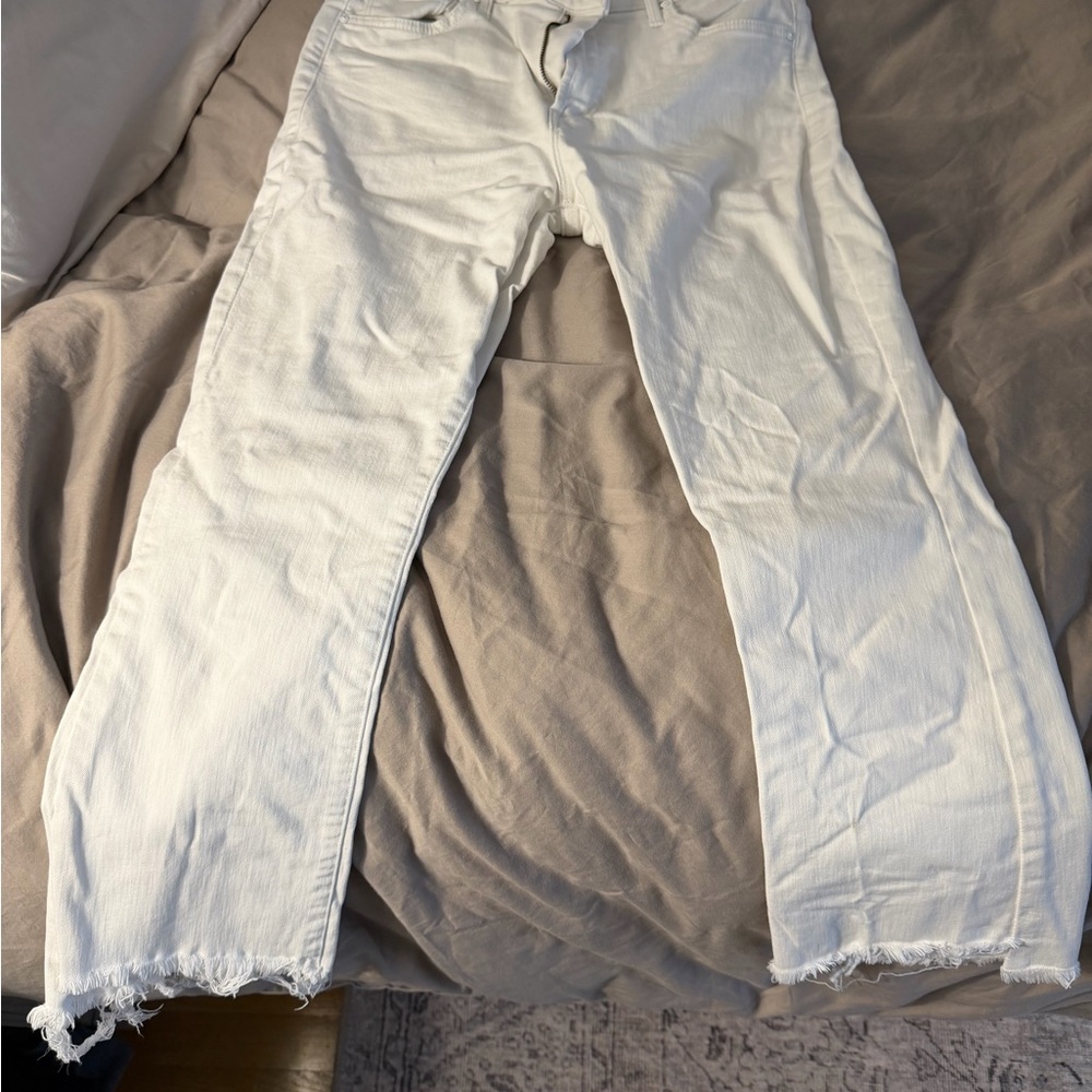 MOTHER White Frayed Hem Straight Leg Jeans